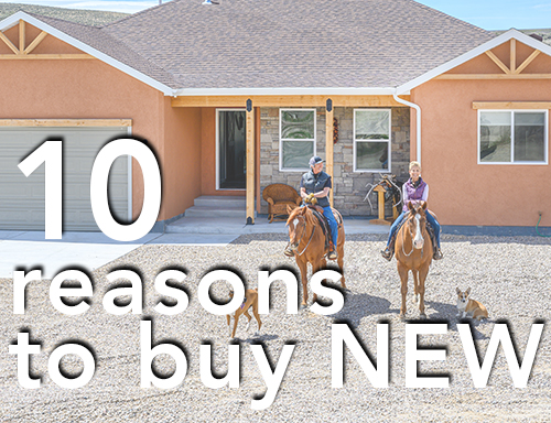 homeowners with horses and dogs in front of their new Smart Dwellings ranch style home with burnt orange stucco and wood beam accents on the porch>